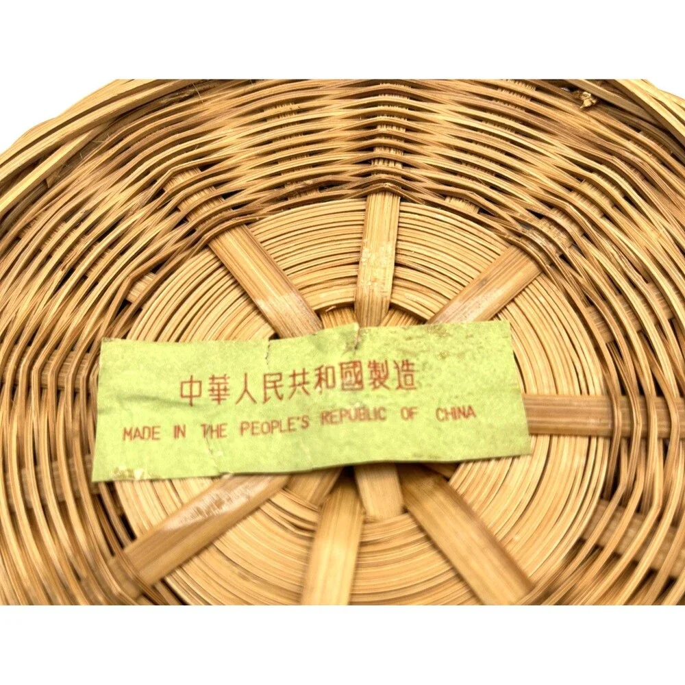 Vtg Woven Chinese Split Bamboo & Rattan Woven Boho Round Storage Basket & Lid